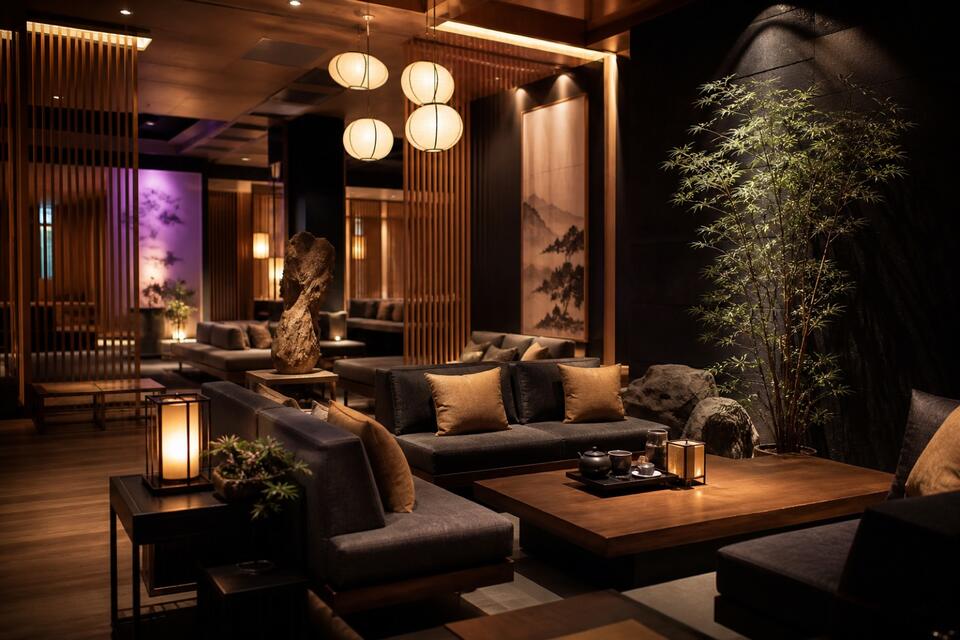 Lounge z sofami i lampionami